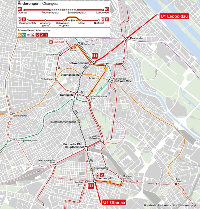 Gesperrter Abschnitt. Das Unglück geschah zwischen den Stationen Taubstummengasse und Südtiroler Platz.