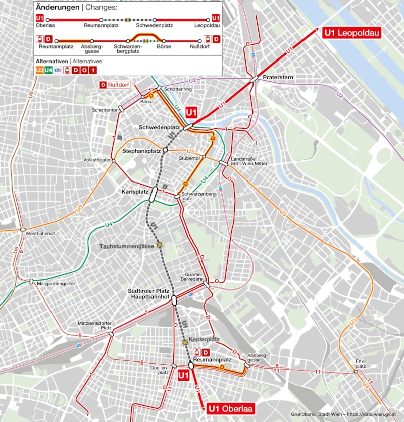 Ab 21.11. Betriebsbeginn: Die Linie D ist bis Reumannplatz verlängert. Sie fährt auf einer geänderten Route, um den Schwedenplatz anzubinden. (Bild: Wiener Linien)