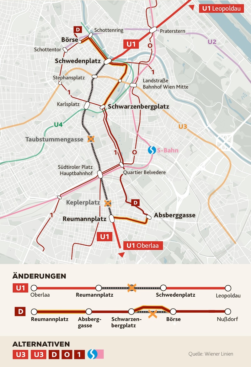 From 21.11. start of operation: Line D is extended to Reumannplatz. It runs on a modified route to connect Schwedenplatz. (Bild: Krone KREATIV/Wiener Linien)