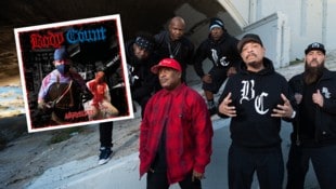 Crossover-Legenden: Body Count rund um Ice-T (2.v.r.) und Ernie C (in Rot) begeistern mit ihrem neuen Album „Merciless“. (Bild: Krone KREATIV/Century Media Records, Alessandro Solca)