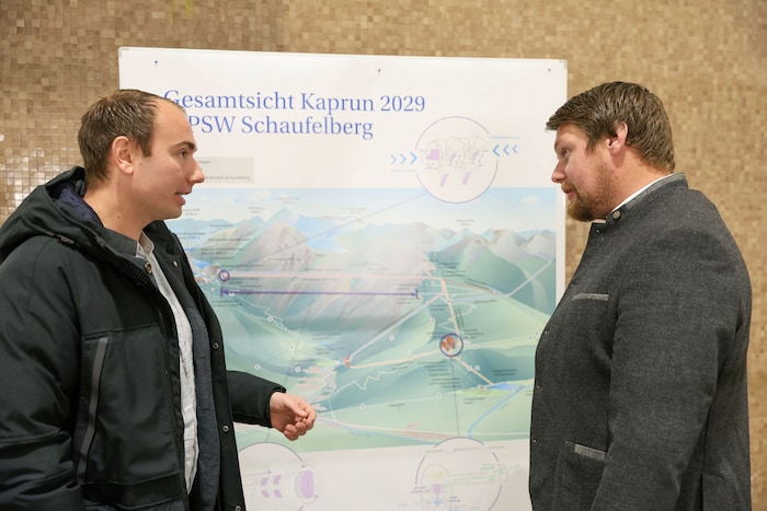 Die beiden Bürgermeister Domenik David (Kaprun) und Bernhard Auernigg (Piesendorf) informieren ...