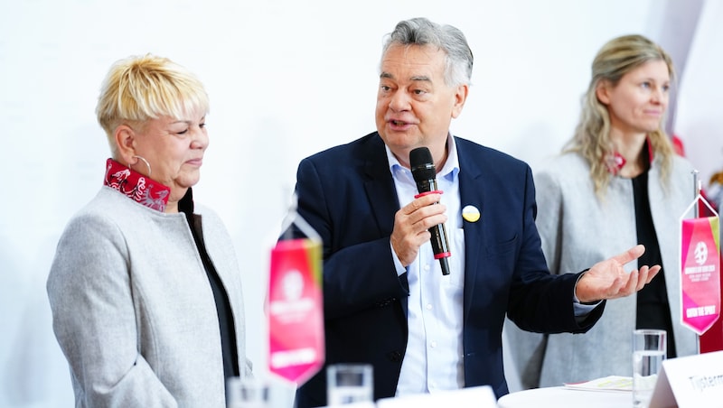 Teamchefin Monique Tijsterman (li.), Vizekanzler Werner Kogler und Petra Blazek (re.)  (Bild: APA/EVA MANHART)