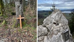 Das gestohlene Gipfelkreuz wurde am Lärlkogel (rechts) ausgerissen und dann im Wald abgestellt (li.)  (Bild: Polizei OÖ)