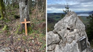 Das gestohlene Gipfelkreuz wurde am Lärlkogel (rechts) ausgerissen und dann im Wald abgestellt (li.)  (Bild: Polizei OÖ)