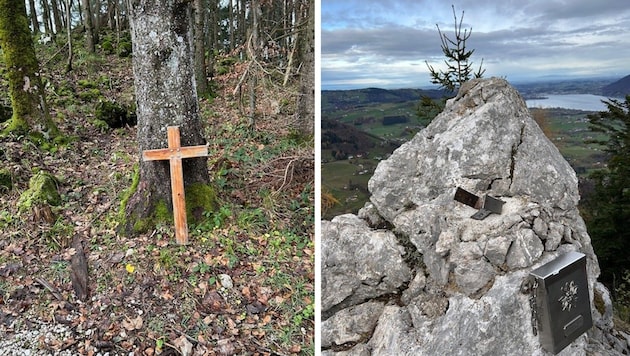 Das gestohlene Gipfelkreuz wurde am Lärlkogel (rechts) ausgerissen und dann im Wald abgestellt (li.)  (Bild: Polizei OÖ)