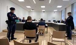 Vater (vorne) und Sohn vor der Verhandlung am Linzer Landesgericht.