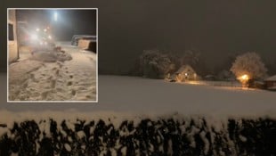 Nicht überall in Vorarlberg herrscht Schneeidylle – auf den Straßen kam es mitunter zu einem Verkehrschaos. Kleines Bild: Situation in Dornbirn (Bild: Leserreporter, x.com/StadtDornbirn, Krone KREATIV)