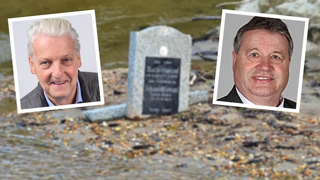 A sepulchral mood in the municipal council: the dispute over the cemetery area and financial management destroyed the trust of the mayor (left) and city council. (Bild: Krone KREATIV/Matthias Karasek, Lorant Buttinger, zVg)