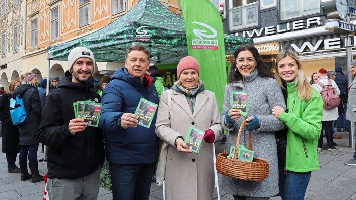 Kampf um jede Stimme: die steirischen Grünen Georg Schwarzl, Lambert Schönleitner, Judith Schwentner, Sandra Krautwaschl und Anna Binder
