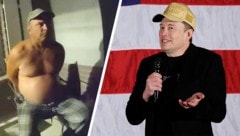 Gab sich als Elon Musk aus: Jeffrey Moynihan Jr. Rechts: der echte Elon Musk, der mit dem Betrug natürlich nichts zu tun hat. (Bild: Krone KREATIV/Bradenton Police Department, AFP)