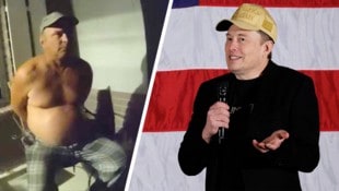 Gab sich als Elon Musk aus: Jeffrey Moynihan Jr. Rechts: der echte Elon Musk, der mit dem Betrug natürlich nichts zu tun hat. (Bild: Krone KREATIV/Bradenton Police Department, AFP)