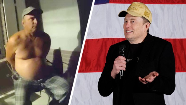 Gab sich als Elon Musk aus: Jeffrey Moynihan Jr. Rechts: der echte Elon Musk, der mit dem Betrug natürlich nichts zu tun hat. (Bild: Krone KREATIV/Bradenton Police Department, AFP)