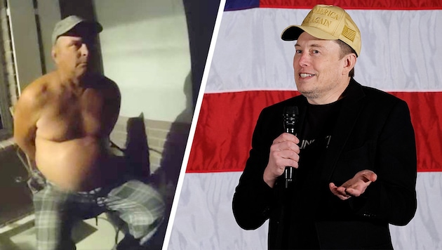 Pretended to be Elon Musk: Jeffrey Moynihan Jr. On the right: the real Elon Musk, who of course has nothing to do with the fraud. (Bild: Krone KREATIV/Bradenton Police Department, AFP)