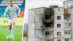 Der Steirer Gabriel Eskinja spielt als Fußballprofi in der Ukraine für Sorja Lugansk und lebt seinen Traum zwischen Sirenen und Trümmern. (Das Bild zeigt ein Gebäude in Kiew nach einem Drohnenangriff Anfang des Monats.) (Bild: Krone KREATIV/EPA/Sergey Dolzhenko Sorja Luhansk (Fußballer))