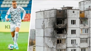 Der Steirer Gabriel Eskinja spielt als Fußballprofi in der Ukraine für Sorya Lugansk. Er lebt seinen Traum zwischen Sirenen, Feuer und Trümmern. (Bild: Krone KREATIV/EPA/Sergey Dolzhenko Sorja Luhansk (Fußballer))