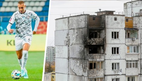 Der Steirer Gabriel Eskinja spielt als Fußballprofi in der Ukraine für Sorya Lugansk. Er lebt seinen Traum zwischen Sirenen, Feuer und Trümmern. (Bild: Krone KREATIV/EPA/Sergey Dolzhenko Sorja Luhansk (Fußballer))