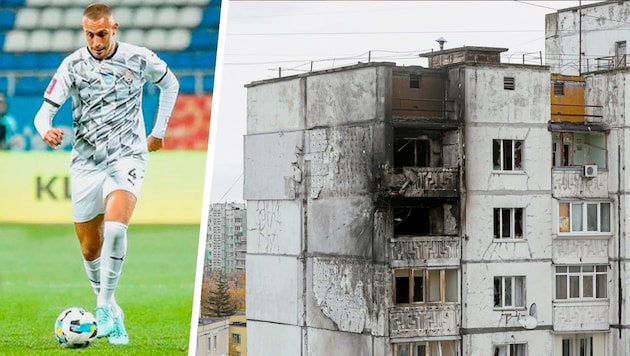 Styrian Gabriel Eskinja plays professional soccer for Sorja Lugansk in Ukraine and is living his dream among sirens and rubble. (The picture shows a building in Kiev after a drone attack earlier this month). (Bild: Krone KREATIV/EPA/Sergey Dolzhenko Sorja Luhansk (Fußballer))