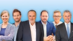 Alle Spitzenkandidaten (v. li.): Haider- Wallner (Grüne), Schneider (Neos), Doskozil (SPÖ), Sagartz (ÖVP), Molnár (Liste Hausverstand) und Hofer (FPÖ). (Bild: Krone KREATIV/Vienna Press A. Tischler Mili Badic Neos Ch.Schulter ÖVP R.judt)