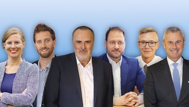 All top candidates (from left): Haider-Wallner (Greens), Schneider (Neos), Doskozil (SPÖ), Sagartz (ÖVP), Molnár (Liste Hausverstand) and Hofer (FPÖ). (Bild: Krone KREATIV/Vienna Press A. Tischler Mili Badic Neos Ch.Schulter ÖVP R.judt)