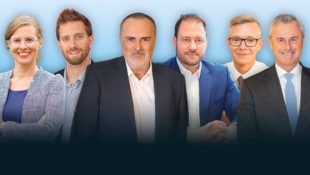 Alle Spitzenkandidaten (v. li.): Haider- Wallner (Grüne), Schneider (Neos), Doskozil (SPÖ), Sagartz (ÖVP), Molnár (Liste Hausverstand) und Hofer (FPÖ). (Bild: Krone KREATIV/Vienna Press A. Tischler Mili Badic Neos Ch.Schulter ÖVP R.judt)