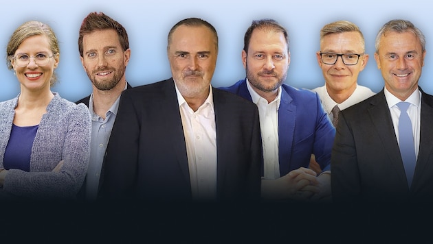 Top candidates for the regional elections: Anja Haider-Wallner (Greens), Christoph Schneider (Neos), Hans Peter Doskozil (SPÖ), Christian Sagartz (ÖVP), Géza Molnár (Liste Hausverstand) and Norbert Hofer (FPÖ). (Bild: Krone KREATIV/Vienna Press A. Tischler Mili Badic Neos Ch.Schulter ÖVP R.judt)