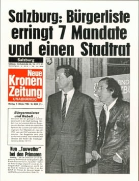 The "Krone" front page of October 4, 1982: Herbert Fux's citizens' list won seven seats in the Salzburg city council elections. (Bild: Weber Wolfgang/Wolfgang Weber)