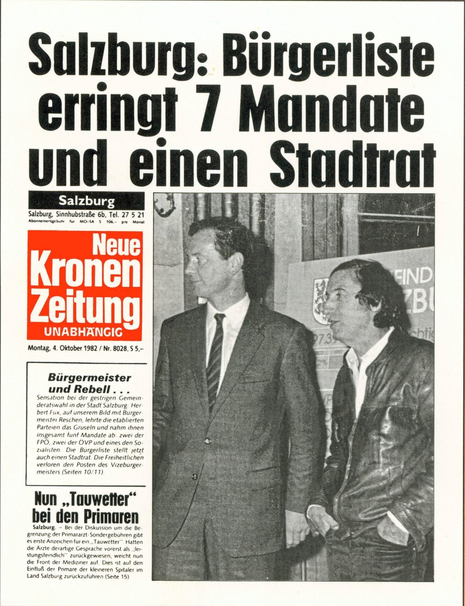 The "Krone" front page of October 4, 1982: Herbert Fux's citizens' list won ...