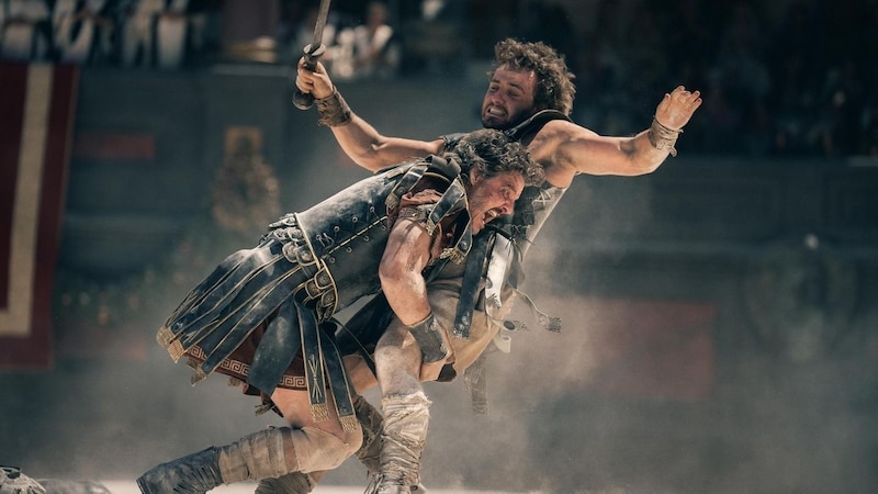 Kampf der Kolosse: Szene aus „Gladiator II“ mit Pedro Pascal (l.) und Paul Mescal. (Bild: Paramount Pictures)