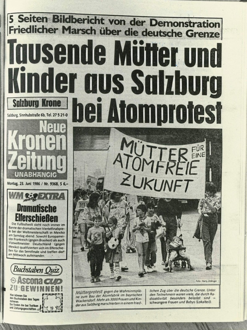 The "Krone" front page of June 23, 1986: Thousands of mothers and children from Salzburg demonstrate peacefully against the nuclear plans in Wackersdorf, Bavaria. (Bild: Schuster Fritz/Fritz Schuster)