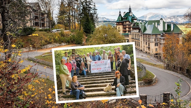 Anrainer sammeln Unterschriften für den Erhalt des kleinen Parkes, der zum Südbahnhotel gehört und bebaut werden soll.   (Bild: Krone KREATIV/Doris Seebacher, ZVG)