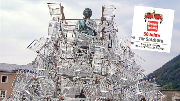 The Amadeus statue is encased in hundreds of shopping trolleys. The "Krone" criticized this severely and the trolleys were removed. It is an episode from 50 years of "Salzburg Krone" that Hans Peter Hasenöhrl looks back on. (Bild: Wolfgang Weber)