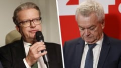 Christopher Drexler (li.) und Anton Lang verhandeln für ihre Parteien mit FPÖ-Wahlsieger Mario Kunasek (Bild: Krone KREATIV/APA)