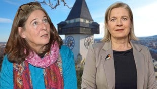 Bürgermeisterin Elke Kahr (KPÖ) und ihre Vize Judith Schwentner (Grünen) müssen ein ordentliches Minus verdauen. (Bild: Krone KREATIV/Sepp Pail, Jürgen Fuchs)