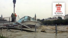 Das Jahrhundert-Hochwasser erfasst 2002 Salzburg. Hans Peter Hasenöhrl erinnert an diese und weitere Ereignisse in seiner Serie „50 Jahre für Salzburg“. (Bild: Krone KREATIV/Markus Tschepp)