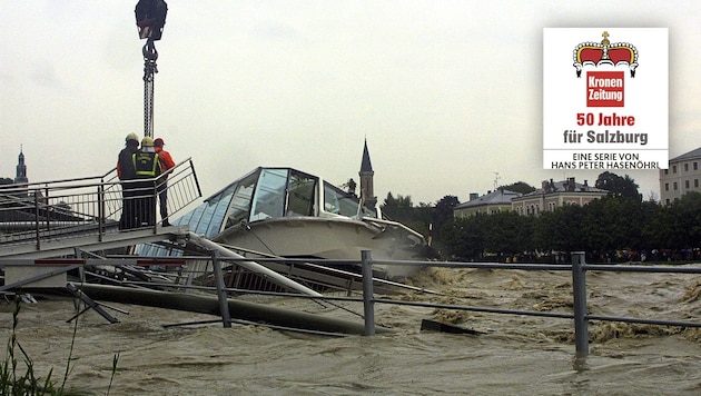 Das Jahrhundert-Hochwasser erfasst 2002 Salzburg. Hans Peter Hasenöhrl erinnert an diese und weitere Ereignisse in seiner Serie „50 Jahre für Salzburg“. (Bild: Krone KREATIV/Markus Tschepp)