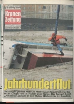 Die „Krone“-Titelseite vom 13. August 2002: Die „Amadeus“ sinkt in der Jahrhundert-Flut. Viel hätte nicht gefehlt und die Innenstadt wäre von den Wassermassen überflutet gewesen. (Bild: Kronen Zeitung)