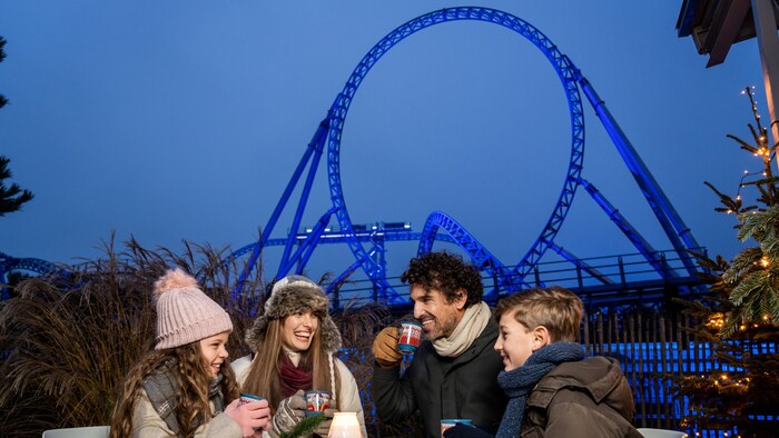 Europa-Park: Refreshment with a hot drink after a ride on the "blue fire Megacoaster" roller ...