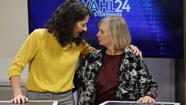 Had to put up with significant losses on Sunday: Sandra Krautwaschl (Greens, left) and Claudia Klimt-Weithaler (KPÖ) (Bild: APA/ERWIN SCHERIAU)