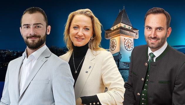 Three new FPÖ MPs: Lucas Geistler, Eva Maria Kroismayr-Baier and Stefan Resch (Bild: Krone KREATIV/FPÖ Steiermark, Jürgen Radspieler, stock.adobe.com)