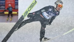 Gefährlich: Die Werbebande gab Kristoffer Eriksen Sundal plötzlich einen Schubser.  (Bild: AP ( via APA) Austria Presse Agentur/Geir Olsen, x.com/Eurosport_FR)