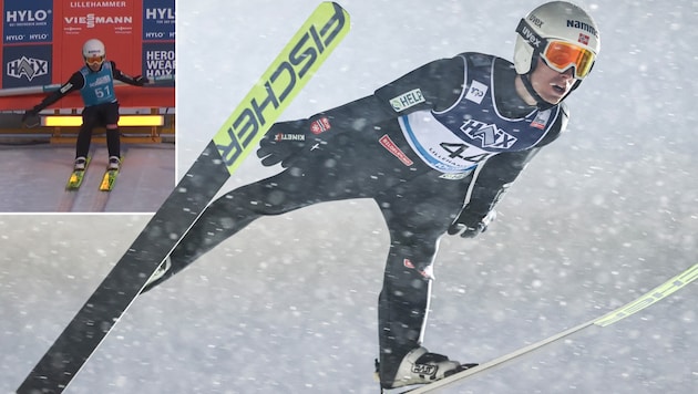 Gefährlich: Die Werbebande gab Kristoffer Eriksen Sundal plötzlich einen Schubser.  (Bild: AP ( via APA) Austria Presse Agentur/Geir Olsen, x.com/Eurosport_FR)