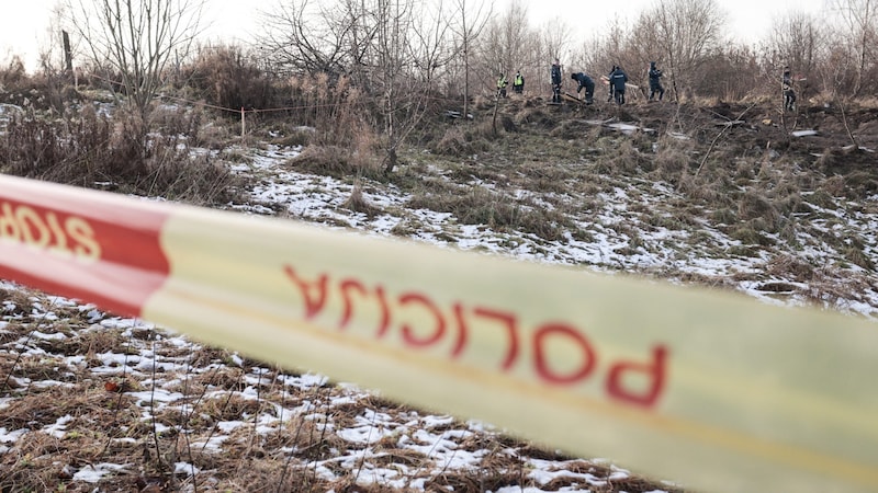 Die litauische Polizei durchsucht das Absturzgebiet. (Bild: APA/AFP/Petras Malukas)