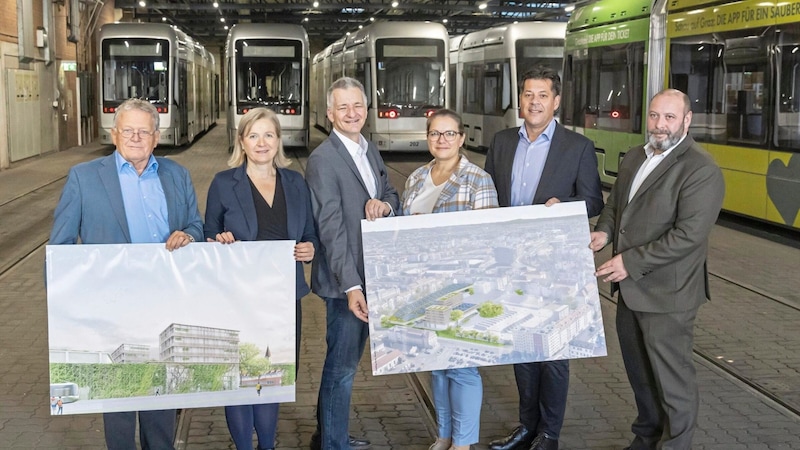 Presented details of the new Bim-Remise: Holding boss Wolfgang Malik, Deputy Mayor Judith Schwentner, City Councillor for Finance Manfred Eber, SPÖ party leader Daniela Schlüsselberger, City Planning Director Bertram Werle and Holding Graz CEO Mark Perz (from left) (Bild: Foto Fischer)