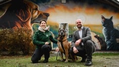 Die Welser Tierheimleiterin Barbara Ogris mit „Asto“ und Stadtrat Thomas Rammerstorfer von den Grünen. (Bild: Markus Wenzel)