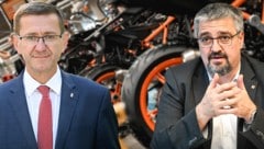 Der Schock über die bevorstehende Insolvenz bei KTM ist auch bei Markus Achleitner (li.) und Andreas Stangl (re.) groß. (Bild: Krone KREATIV/Markus Wenzel)