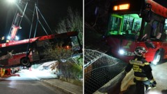 Mit einem Spezialkran wurde der verunfallte Bus geborgen. (Bild: Berufsfeuerwehr Innsbruck)