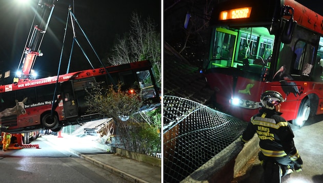 A special crane was used to recover the bus involved in the accident. (Bild: Berufsfeuerwehr Innsbruck)