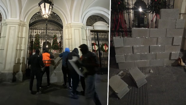 Völlig verrückte Protest-Aktion: Die Sturm-Fans wollen das Rathaus zumauern. (Bild: zVg)