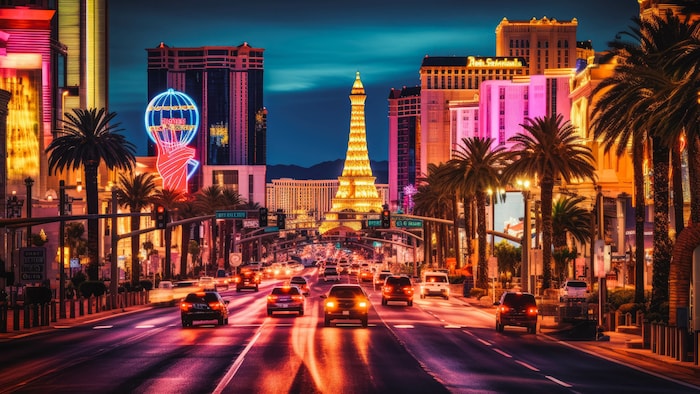 Französisches Flair mitten in Nevada: der Vegas Strip mit dem Eiffelturm des Paris Hotels.