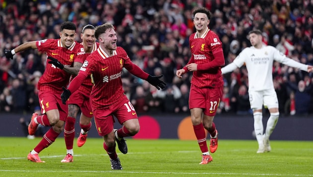 The jubilation of Alexis Mac Allister and Co. over the victory against Real Madrid ... (Bild: AFP)